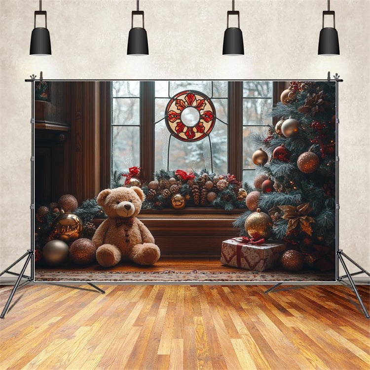 Teddy Bear Christmas by the Window Charm Backdrop BRP9-49