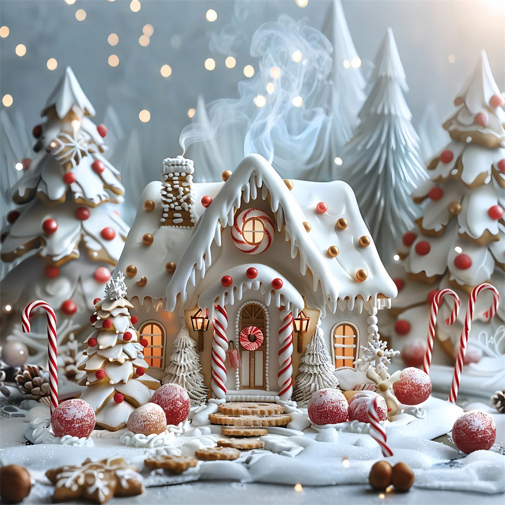 Frosted Gingerbread Cottage Christmas Trees Backdrop BRP9-91