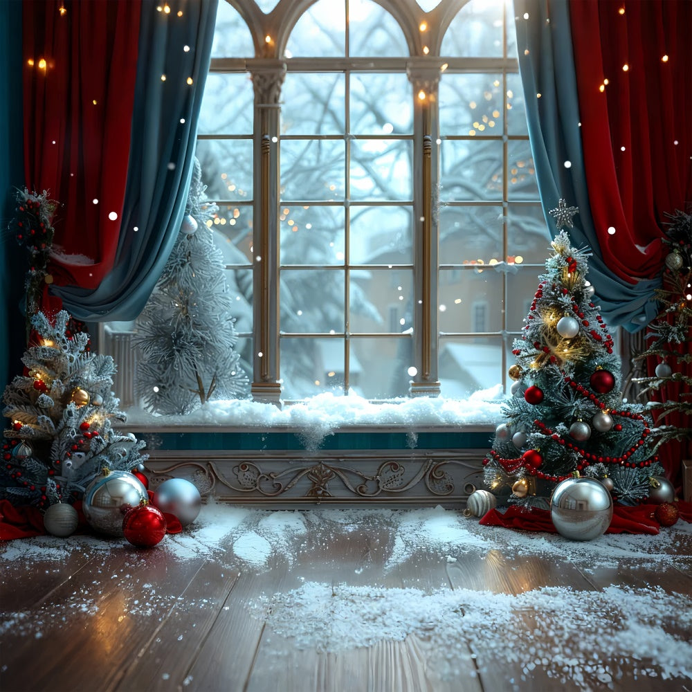Snowy Window Decorated Christmas Trees Backdrop BRP9-92