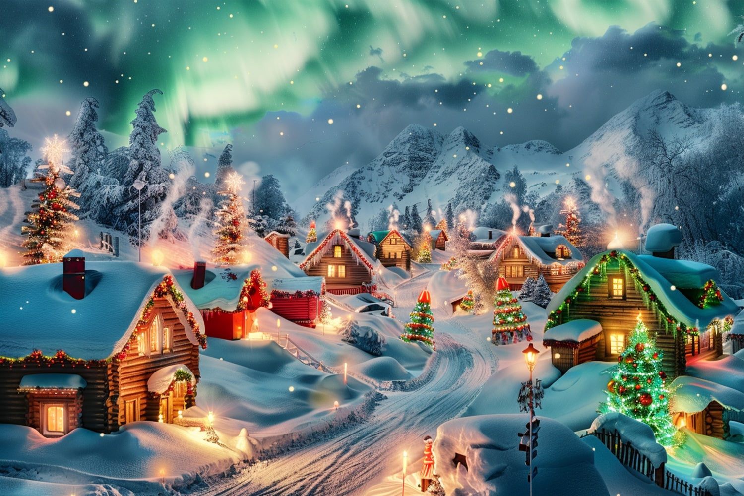 Northern Lights Christmas Village Trees Backdrop BRP9-96