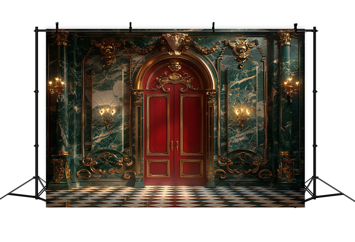 Opulent Christmas Green Marble Red Door Backdrop BRP9-98