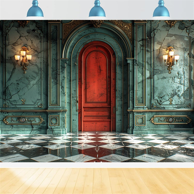 Antique Red Door Marble Hall Christmas Backdrop BRP9-99