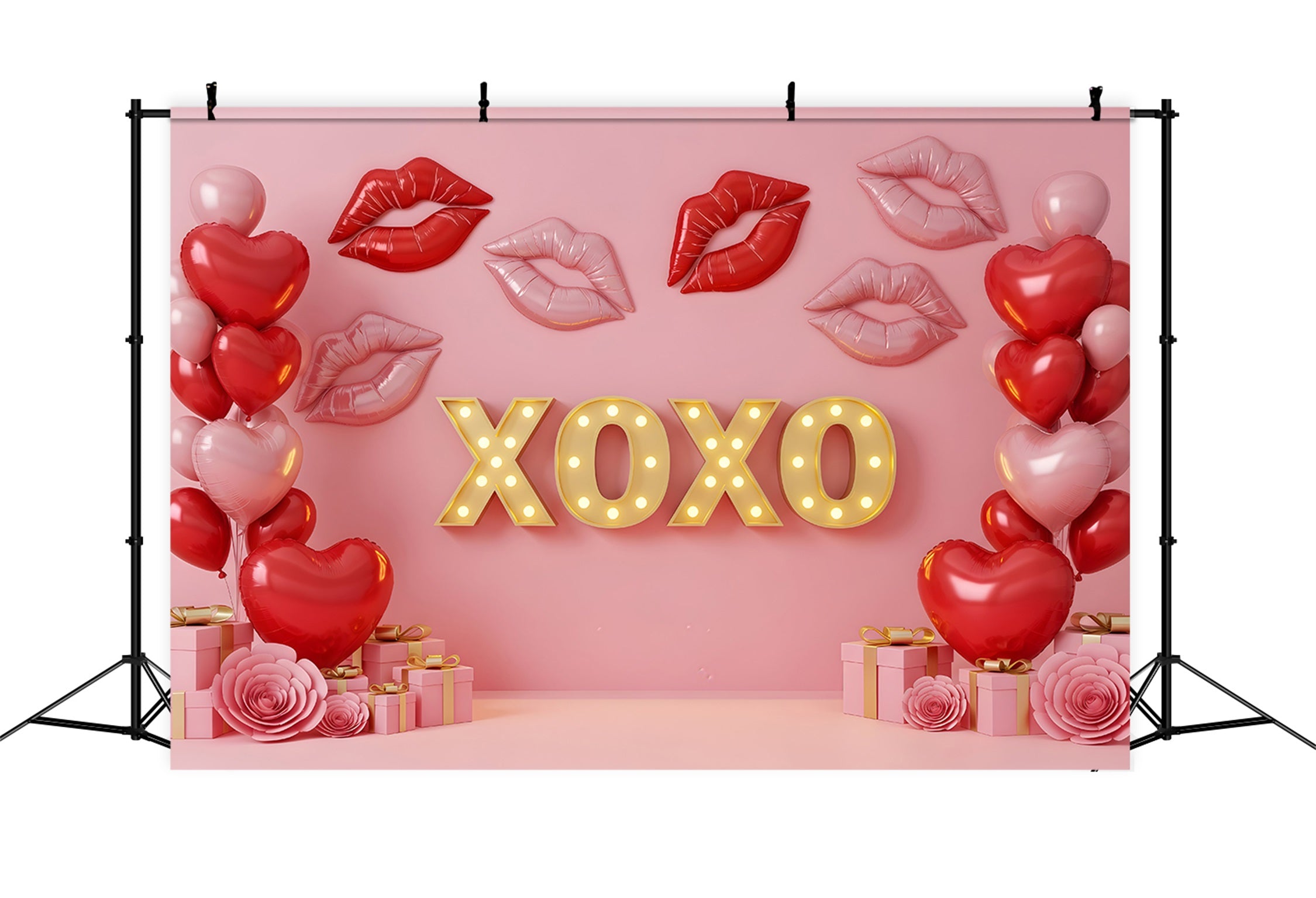 Valentine's Day Backdrop Kissing Lips Neon XOXO Pink Valentine Backdrop By Magali