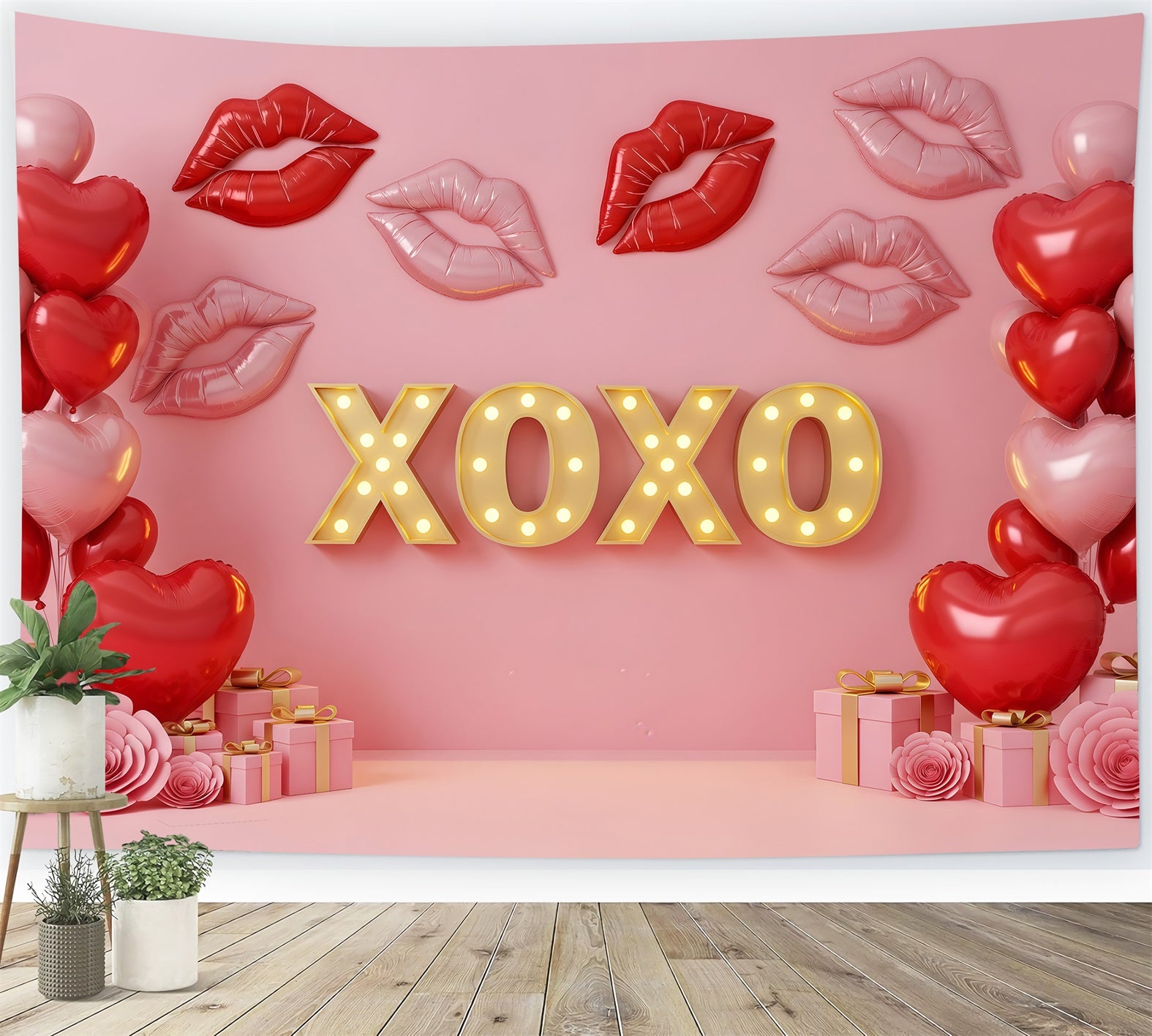 Valentine's Day Backdrop Kissing Lips Neon XOXO Pink Valentine Backdrop By Magali