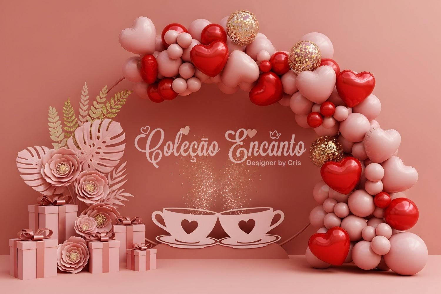 Valentines Backdrop Balloon Arch Tea Romance Valentine's Day Hearts Backdrop By Magali