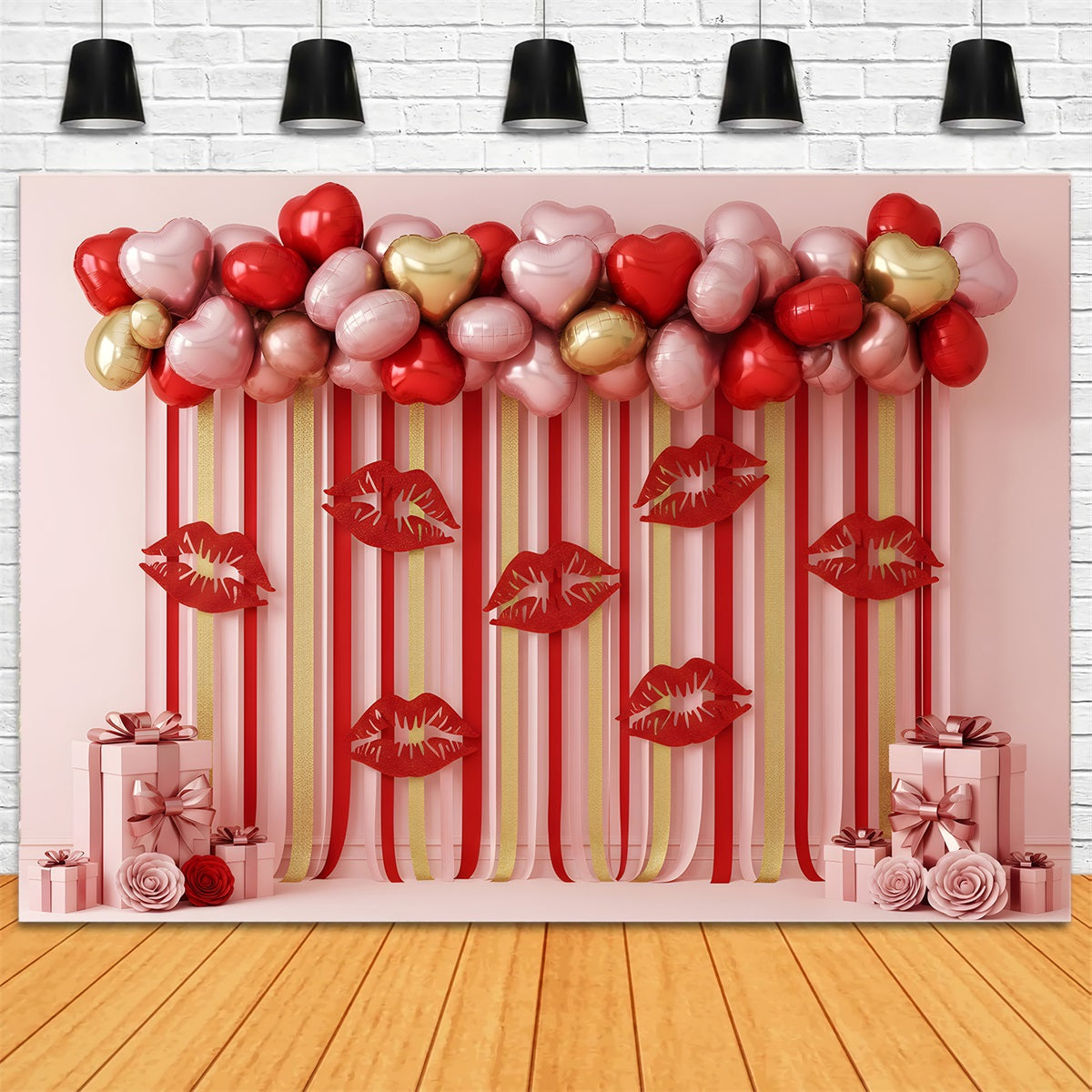 Valentine Balloon Backdrop Striped Lips Heart Display Valentine's Day Backdrops By Magali