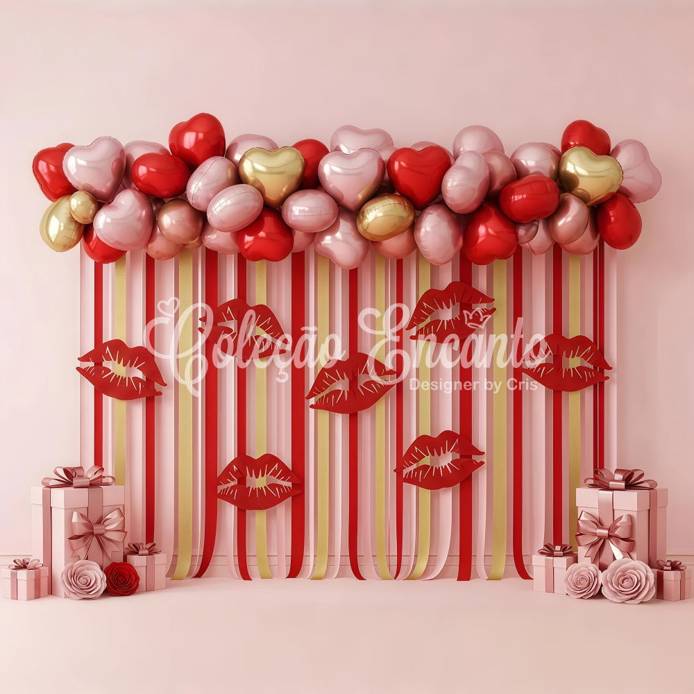 Valentine Balloon Backdrop Striped Lips Heart Display Valentine's Day Backdrops By Magali