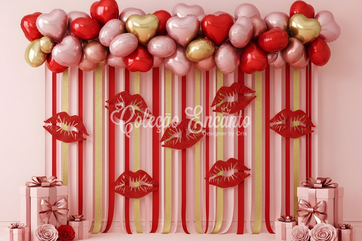 Valentine Balloon Backdrop Striped Lips Heart Display Valentine's Day Backdrops By Magali