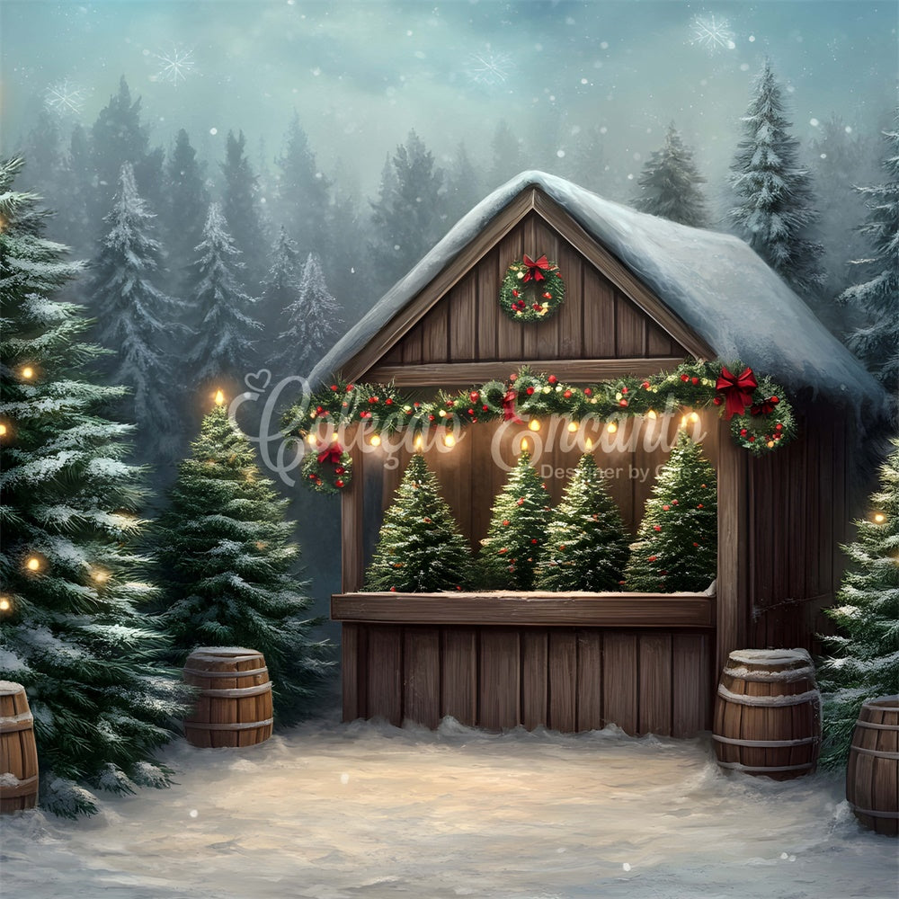 Christmas Photo Backdrop Frosted Trees Wooden House Backdrop By Magali