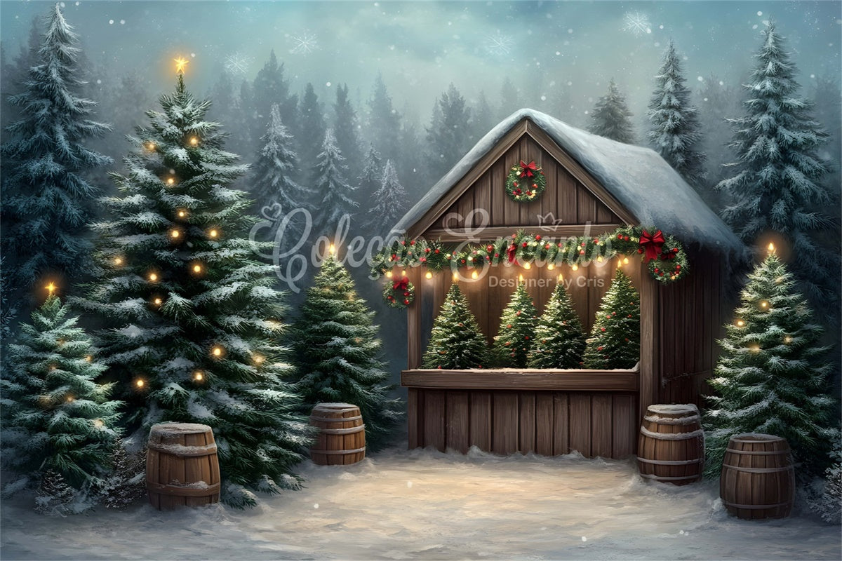 Christmas Photo Backdrop Frosted Trees Wooden House Backdrop By Magali