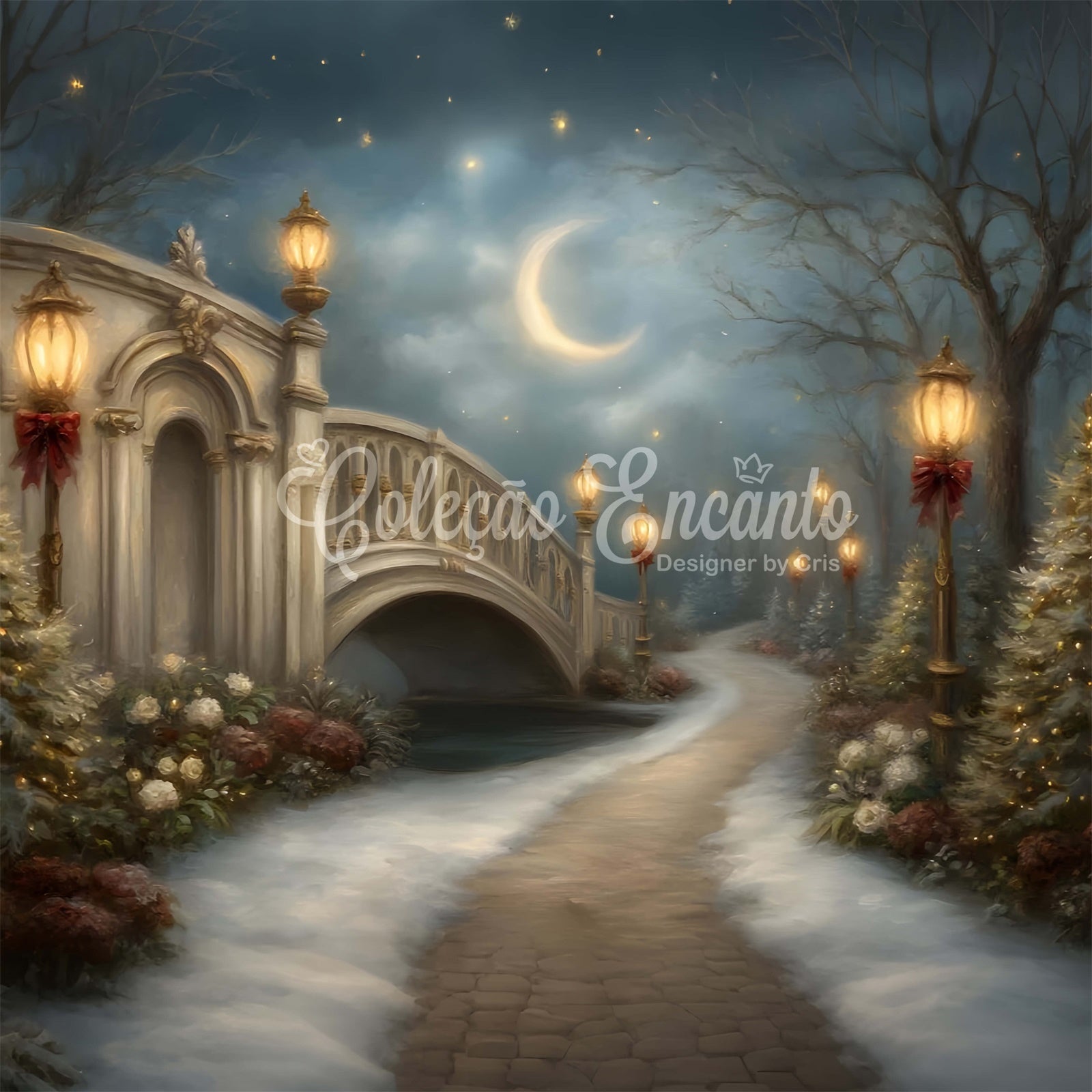 Christmas Backdrops Holiday Bridge Lantern Moon Backdrop By Magali