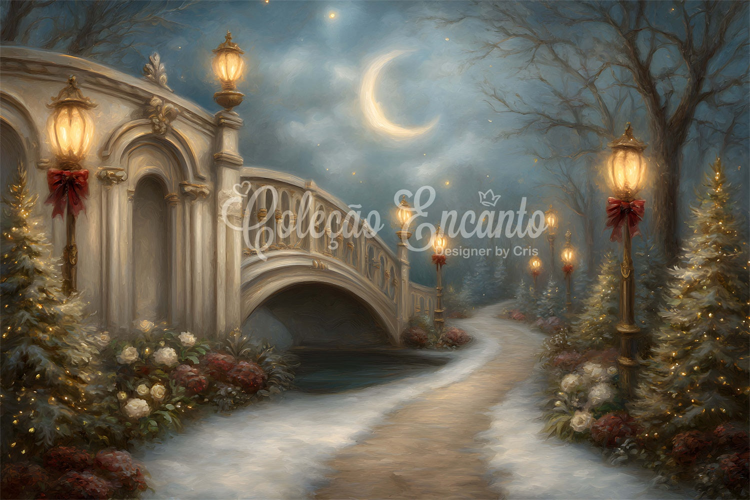Christmas Backdrops Holiday Bridge Lantern Moon Backdrop By Magali