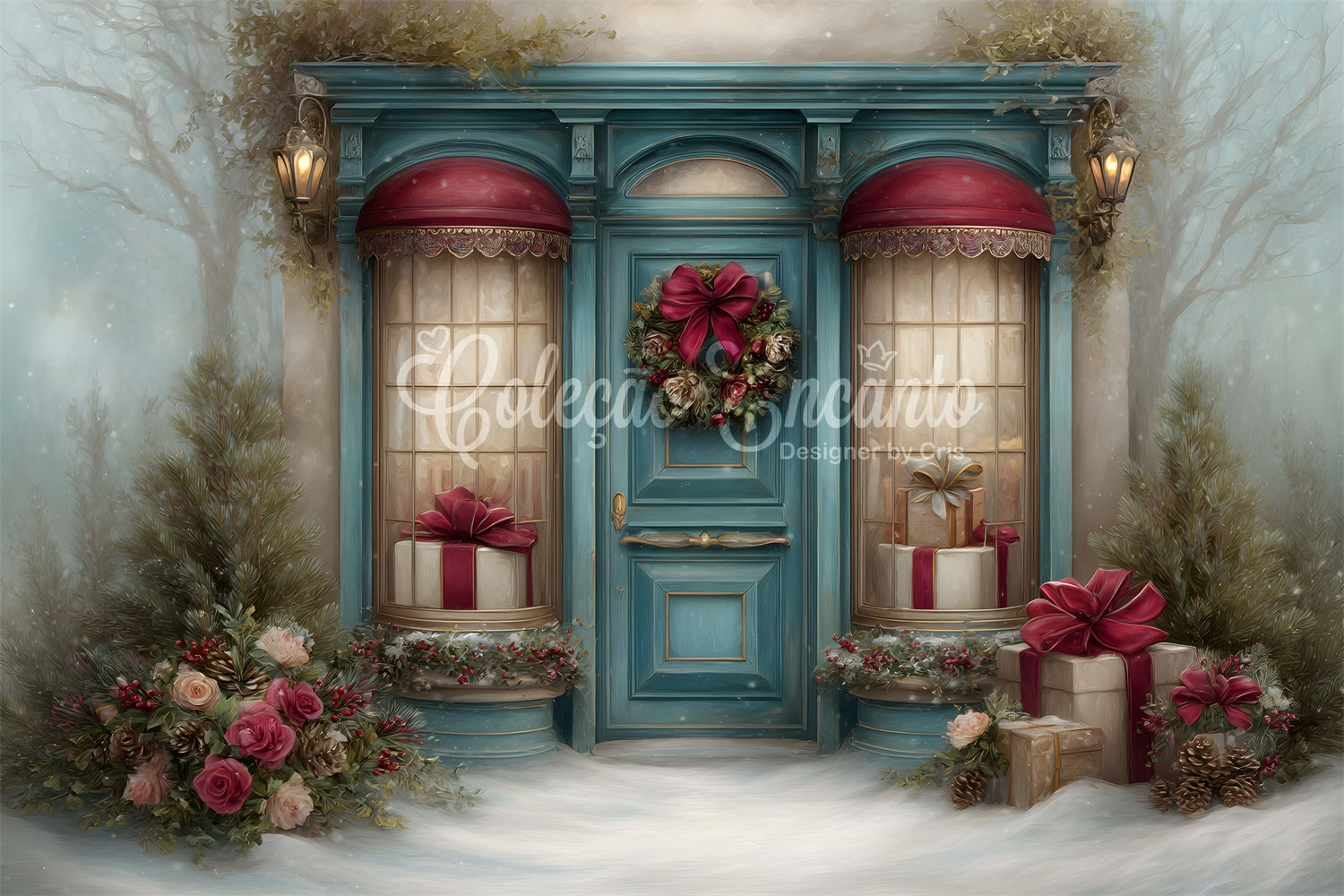 Christmas Photo Backdrops Flower Garland Gift Scene Backdrop By Magali