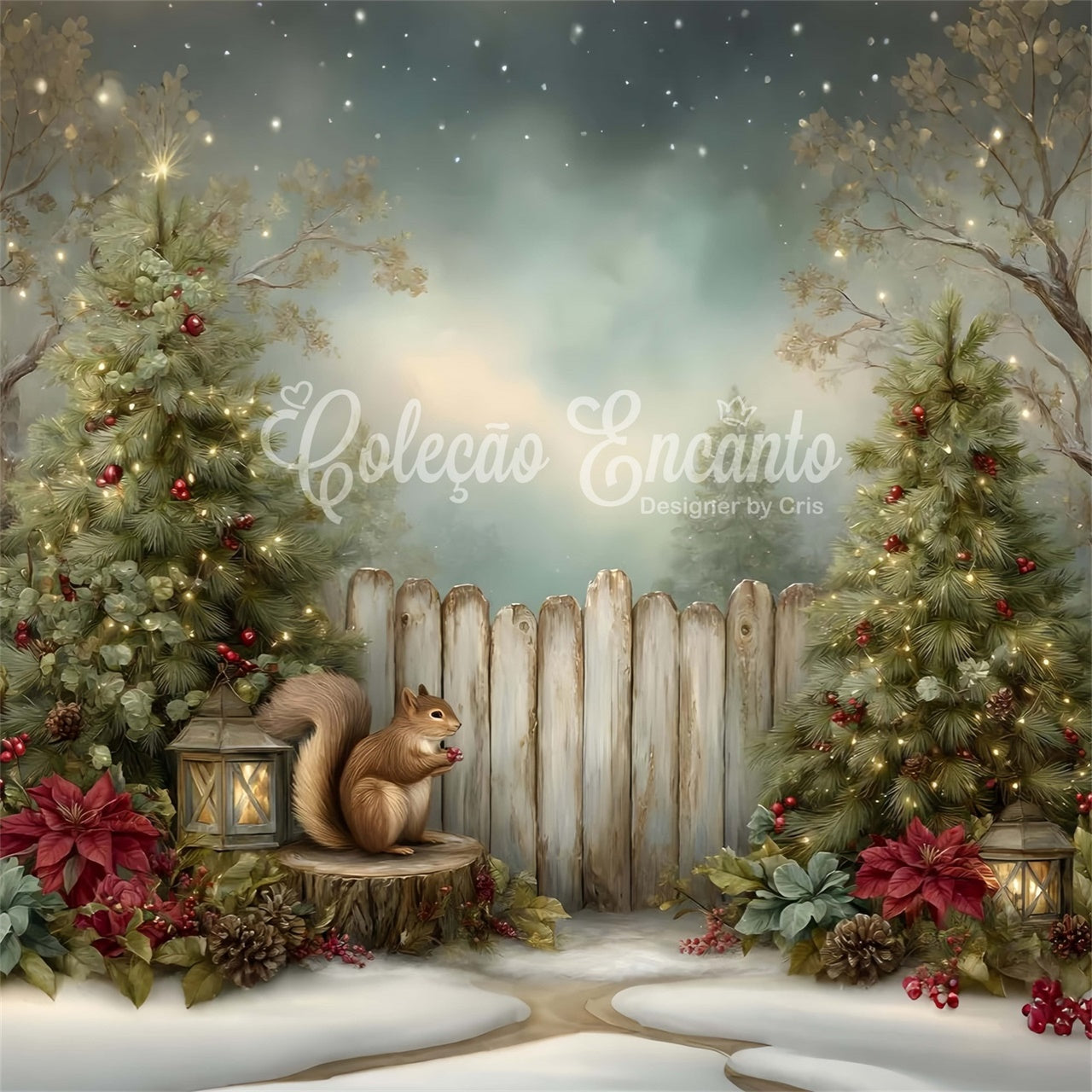 Christmas Photography Backdrops Squirrel Pine Tree Fence Backdrop By Magali