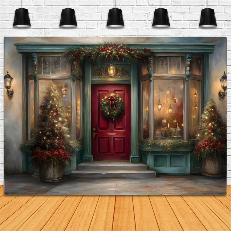 Christmas Backdrop For Photos Red Door Wreath Window Backdrop By Magali