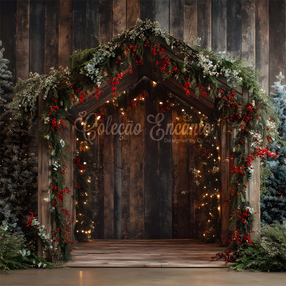 Christmas Backdrops Wooden Doorway Pine Garland Backdrop By Magali