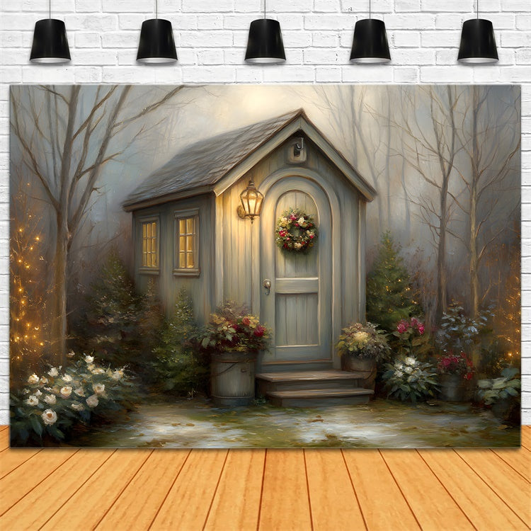 Christmas Backdrop Winter Cottage Wreath Forest Backdrop By Magali