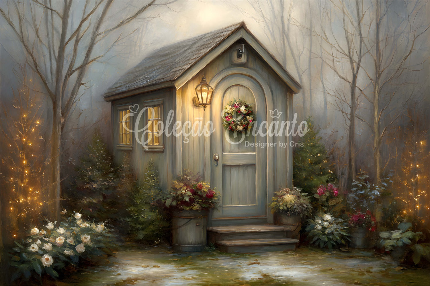Christmas Backdrop Winter Cottage Wreath Forest Backdrop By Magali