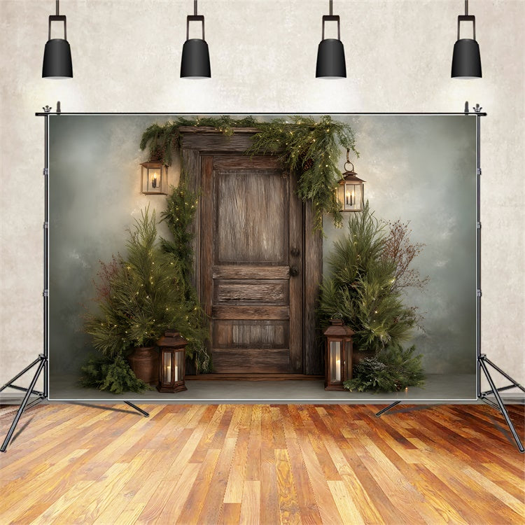Christmas Backdrops Rustic Wooden Door Greenery Backdrop By Magali
