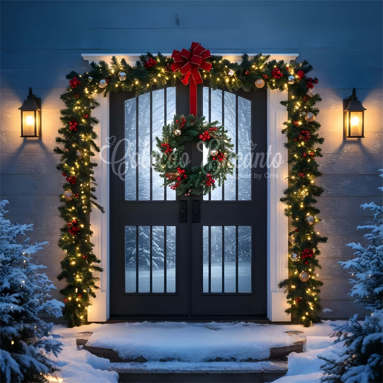 Christmas Backdrop Christmas Porch Wreath Light Backdrop By Magali