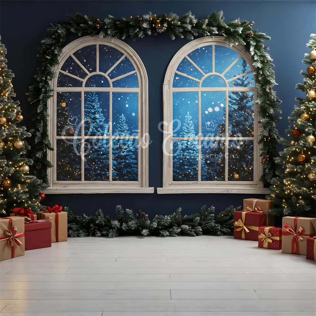 Christmas Photo Backdrop Arched Windows Snowy Backdrop By Magali