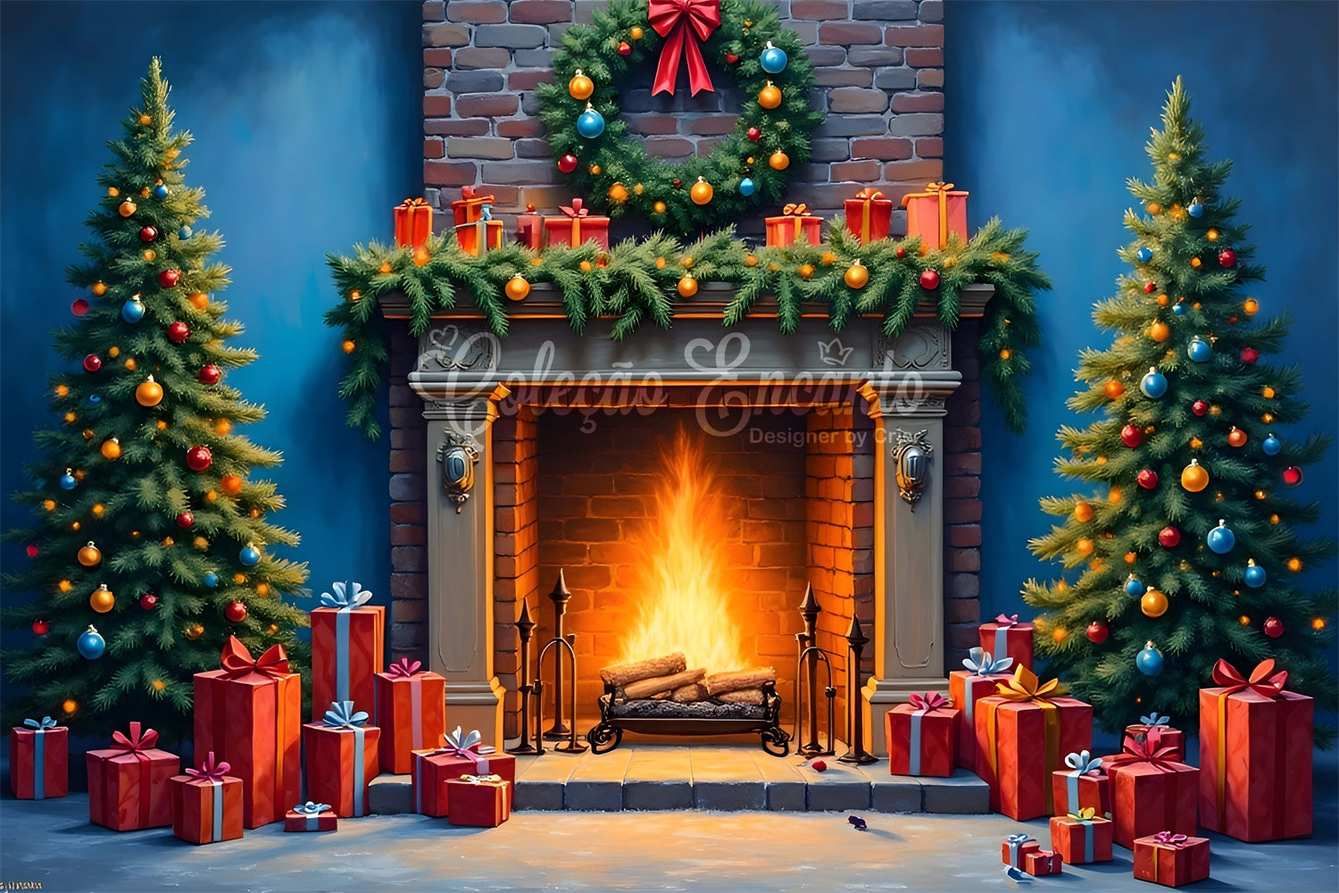 Christmas Fireplace Backdrop Fireplace Garland Tree Backdrop By Magali