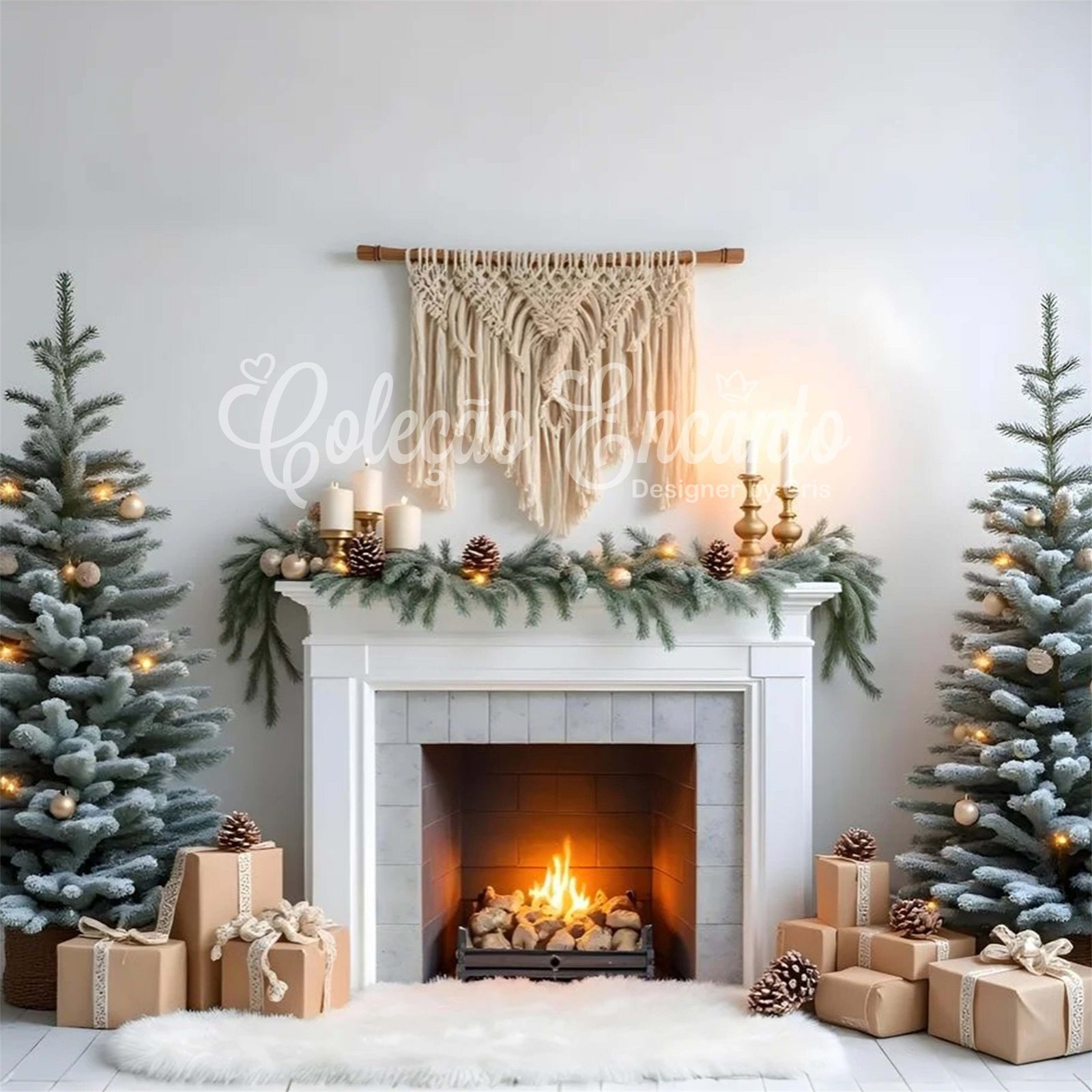 High Resolution Christmas Backdrop Pine Garland Fireplace Backdrop By Magali