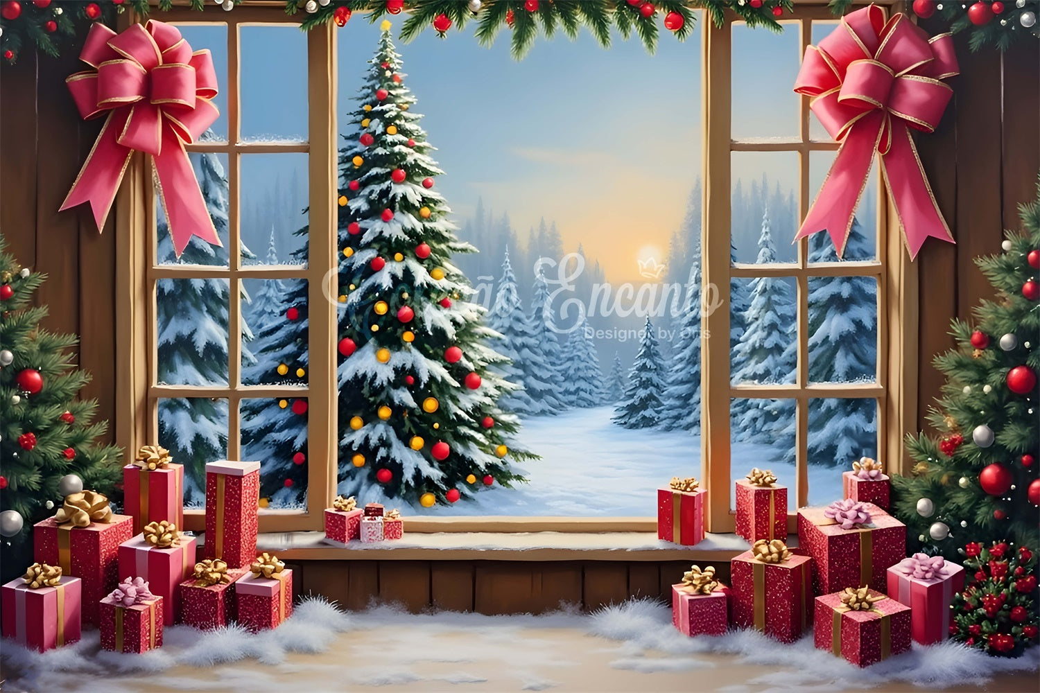 Christmas Photography Backdrops Window Snow Forest Gifts Backdrop By Magali