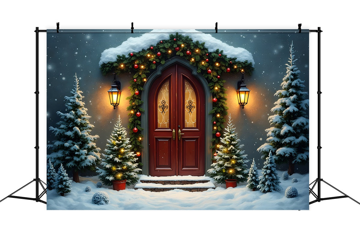 Christmas Photo Backdrop Gothic Door Pine Snow Backdrop By Magali