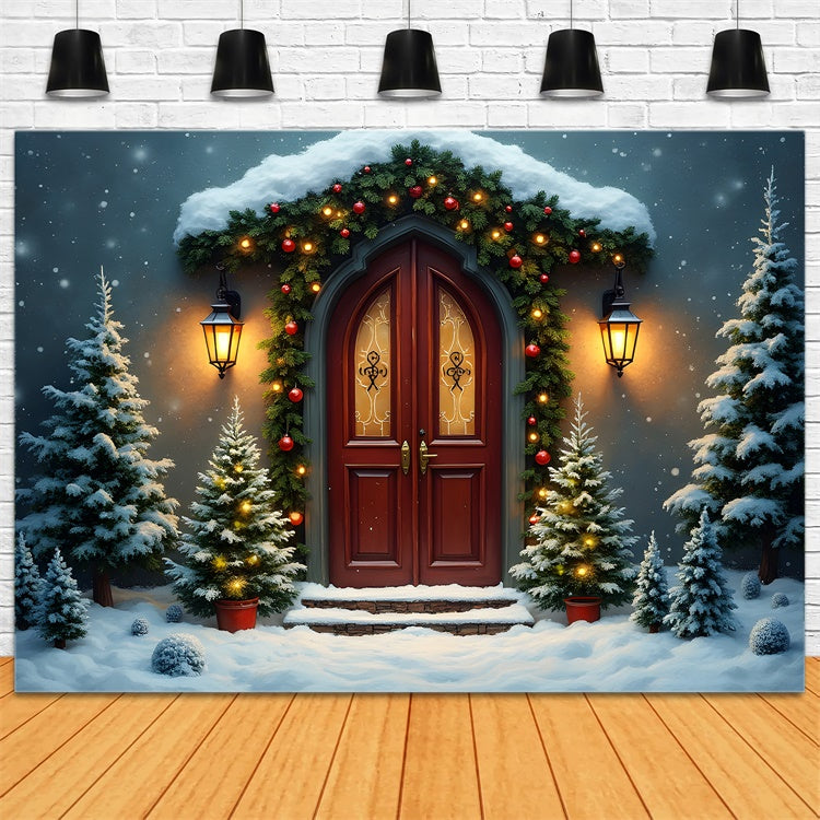 Christmas Photo Backdrop Gothic Door Pine Snow Backdrop By Magali