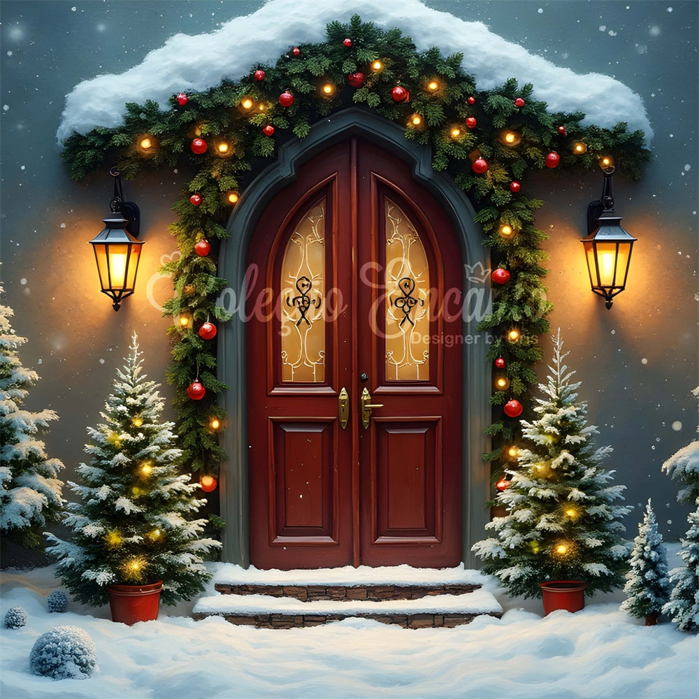 Christmas Photo Backdrop Gothic Door Pine Snow Backdrop By Magali