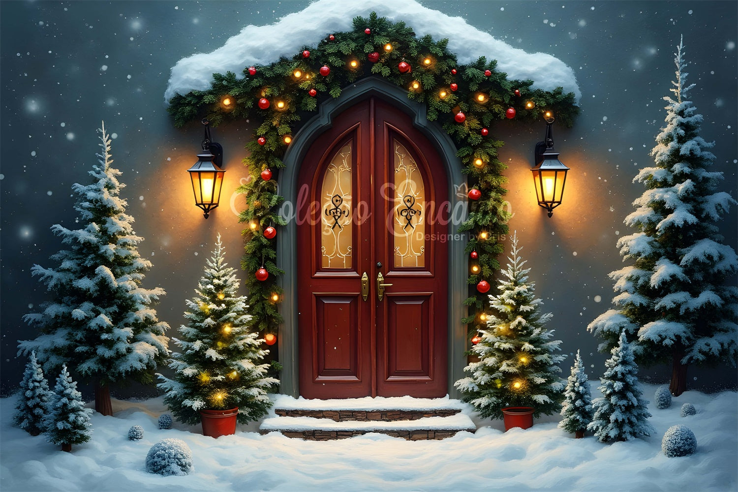 Christmas Photo Backdrop Gothic Door Pine Snow Backdrop By Magali