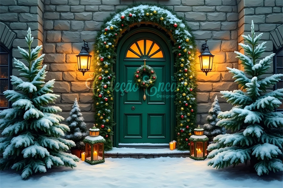 Xmas Backdrops Stone Wall Wreath Green Door Backdrop By Magali