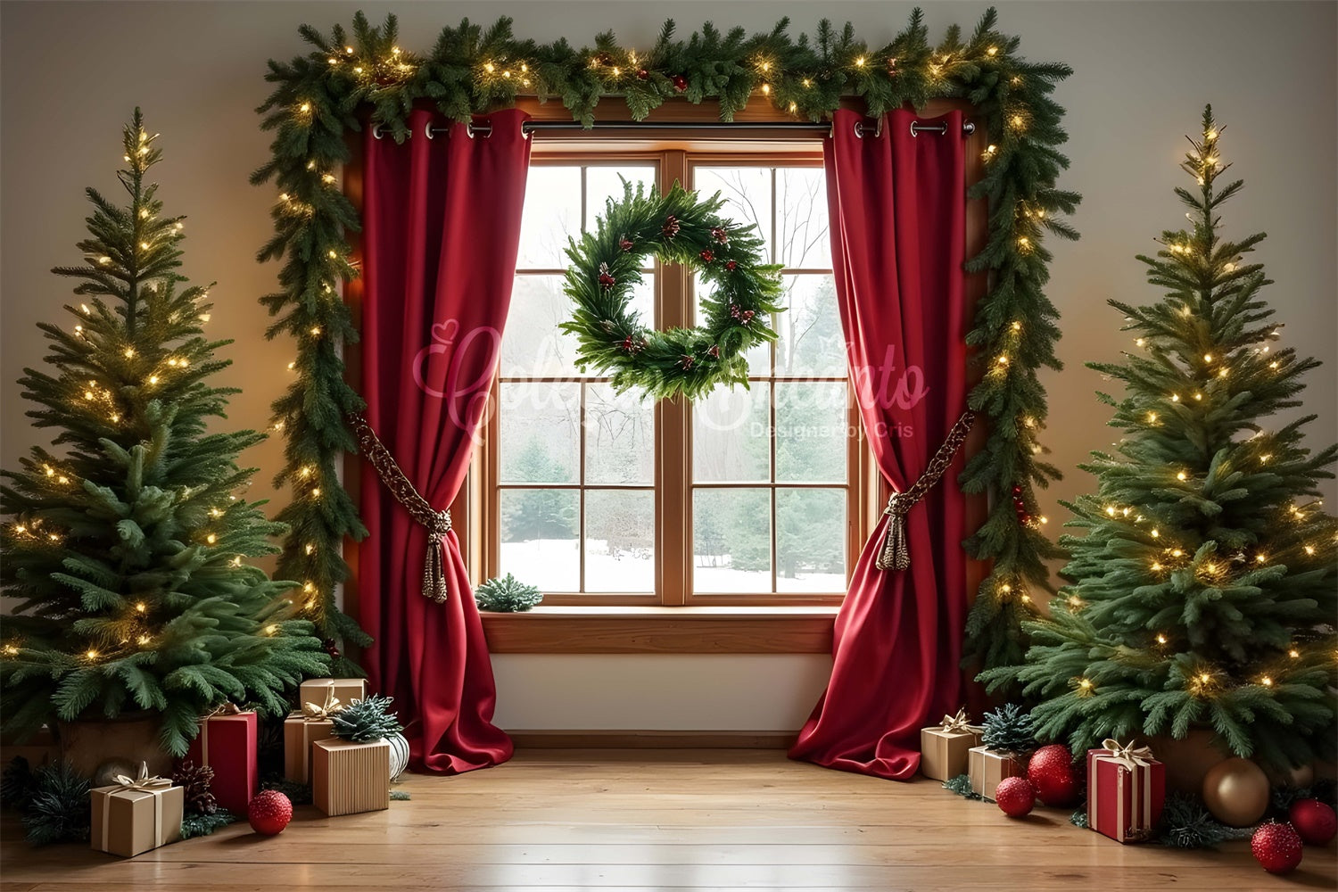 Christmas Tree Backdrop Curtains Holiday Window Backdrop By Magali