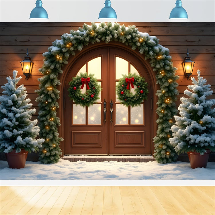 Xmas Backdrop Wooden Door Garland Tree Backdrop By Magali