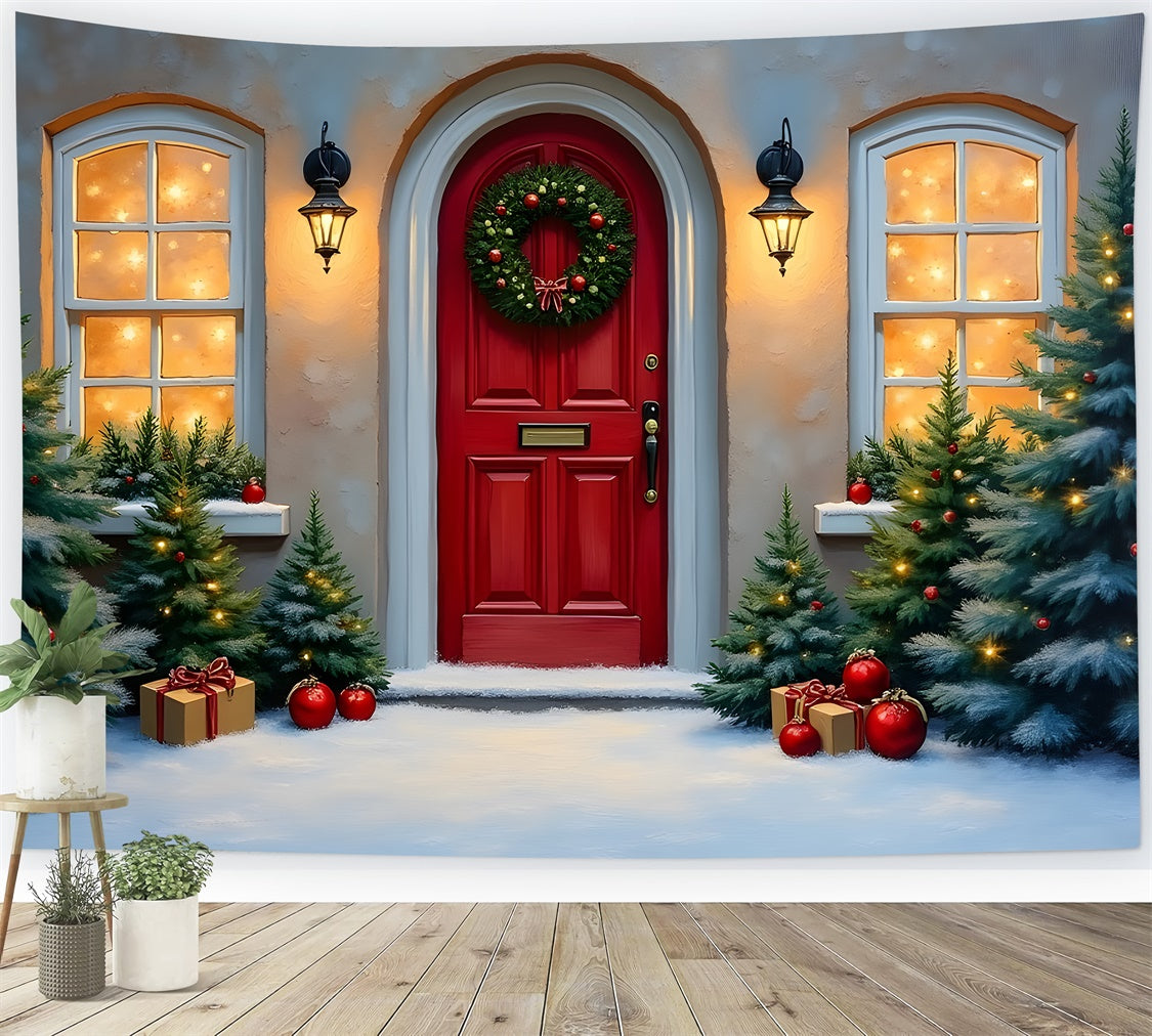 Christmas Backdrop Red Door Winter Pine Backdrop By Magali