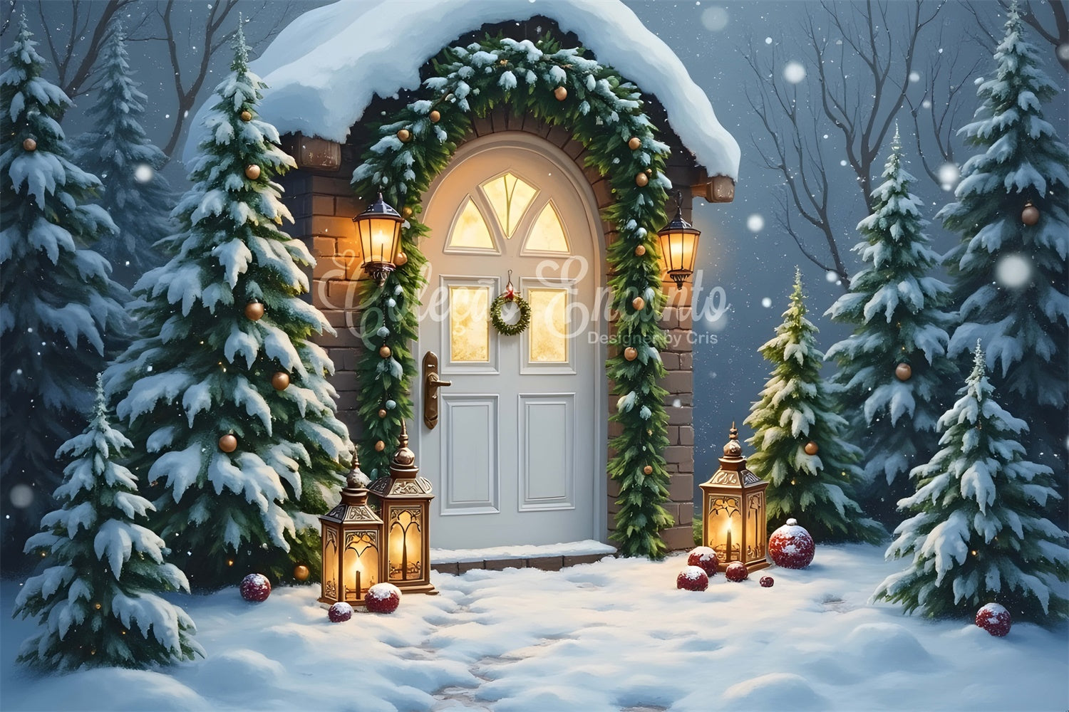 Xmas Backdrop Door Lantern Snowy Entrance Backdrop By Magali