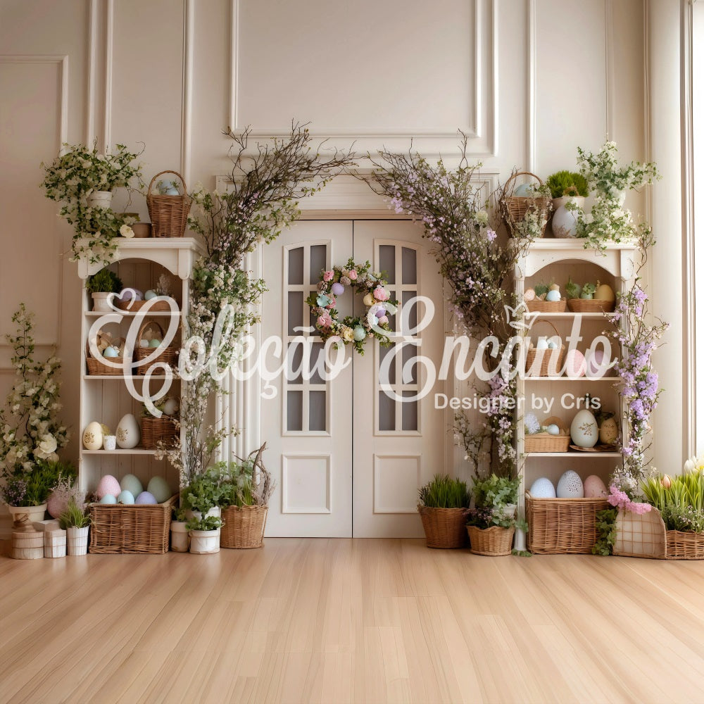 Easter Wreath Doorway Backdrop Egg Flower White Door Easter Photo Backdrops By Magali