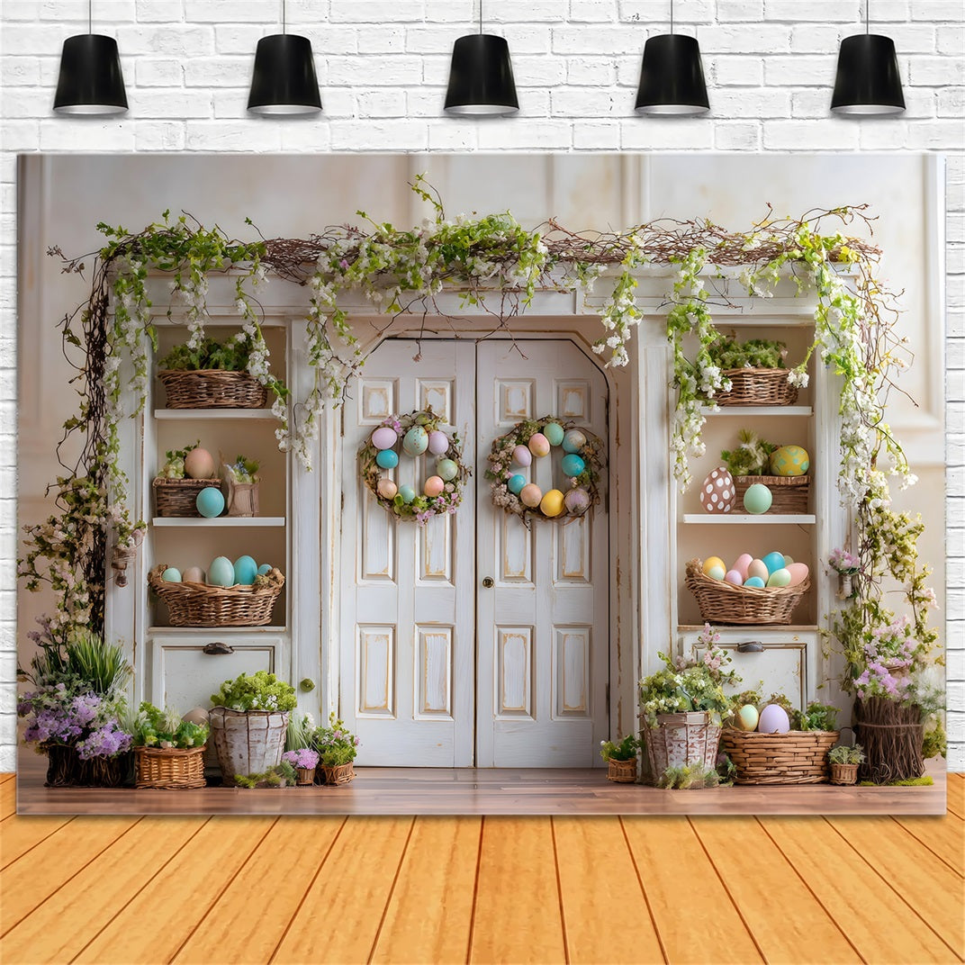 Easter Spring Floral Wreath Backdrop Vine Door Egg Shelves Easter Backdrops By Magali