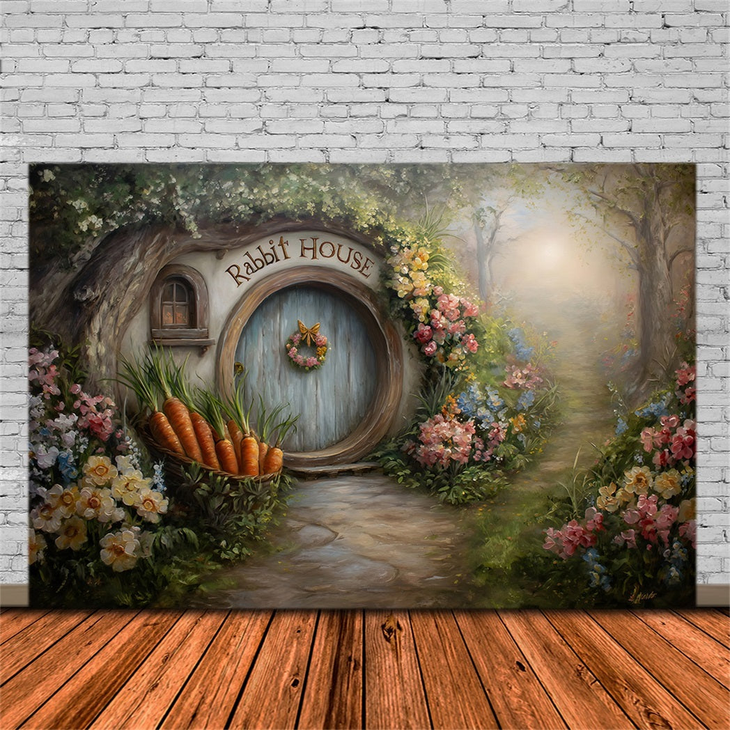 Easter Bunny Burrow Backdrop Hobbit Door Carrot Blooms Easter Photography Backdrop By Magali