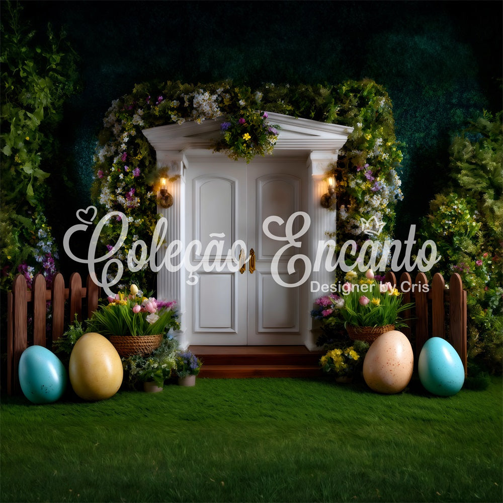 Easter European Garden Backdrop White Door Egg Tulips Photography Easter Backdrop By Magali