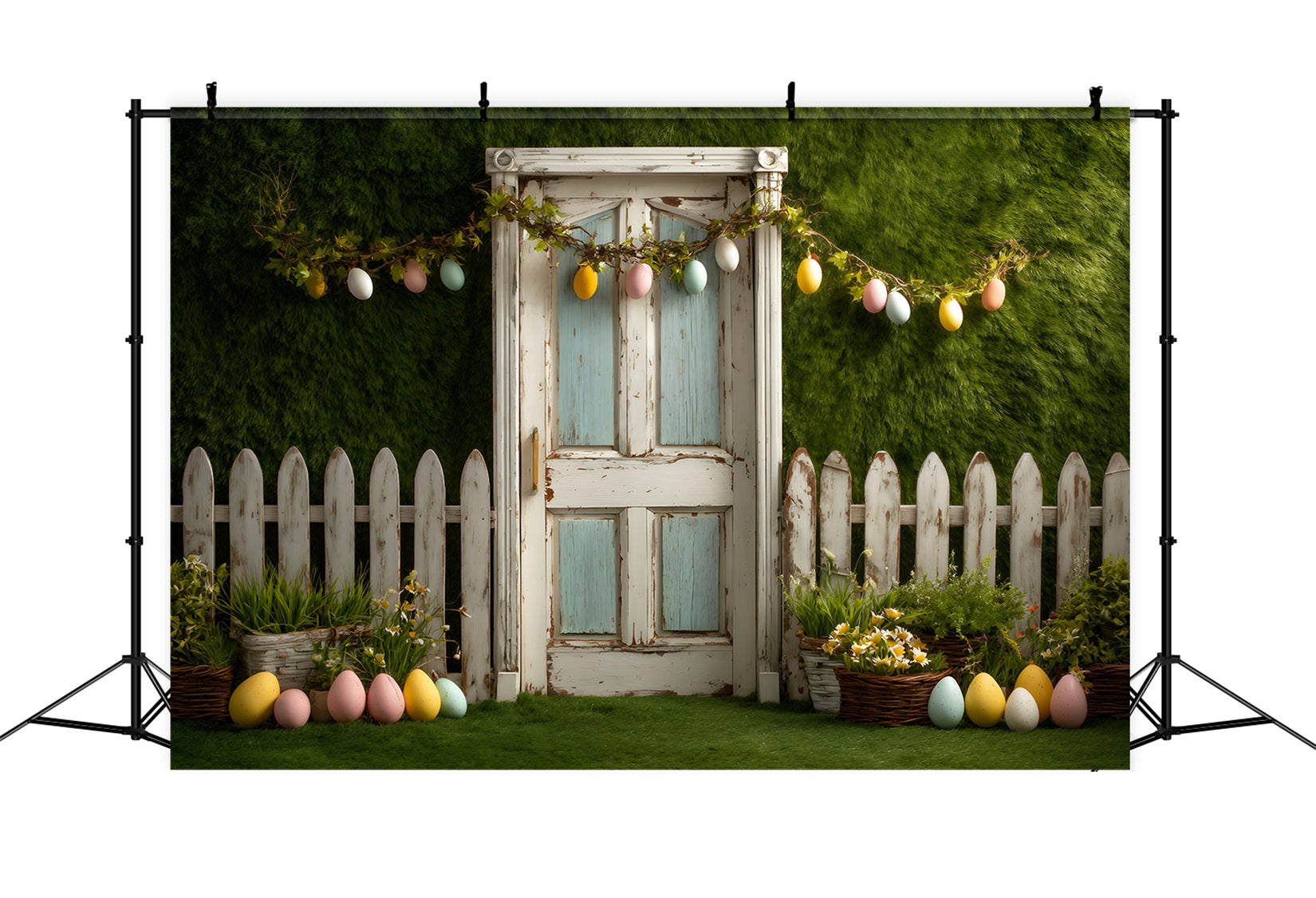 Easter Egg Backdrop Egg Garland Fence Door Easter Themed Backdrop By Magali