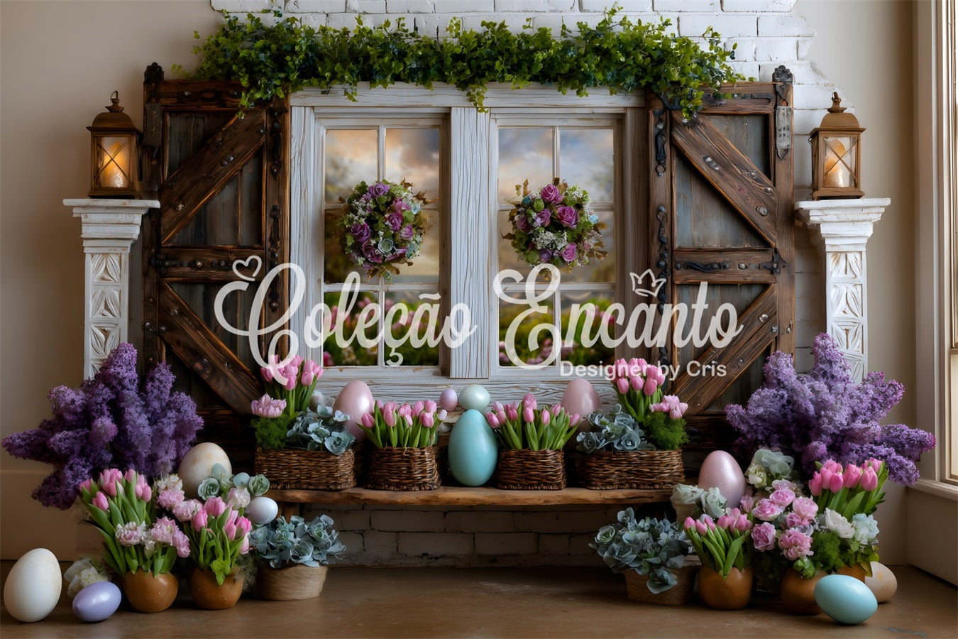 Easter Cottage Garden Backdrop Lavender Tulip Eggs Window Happy Easter Photo Backdrop By Magali