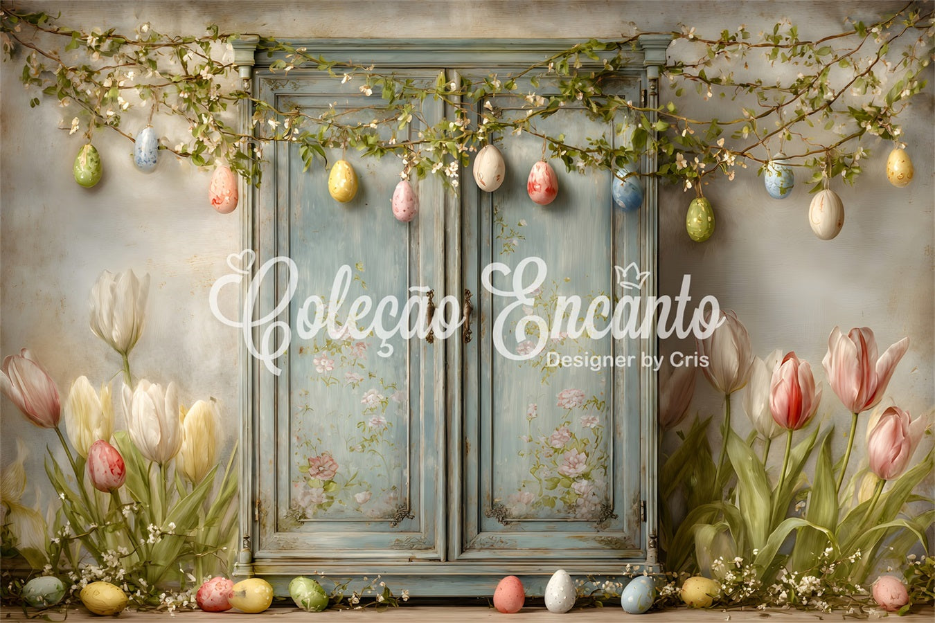Easter Vintage Floral Backdrop Blue Door Tulip Eggs Simple Easter Backdrop By Magali