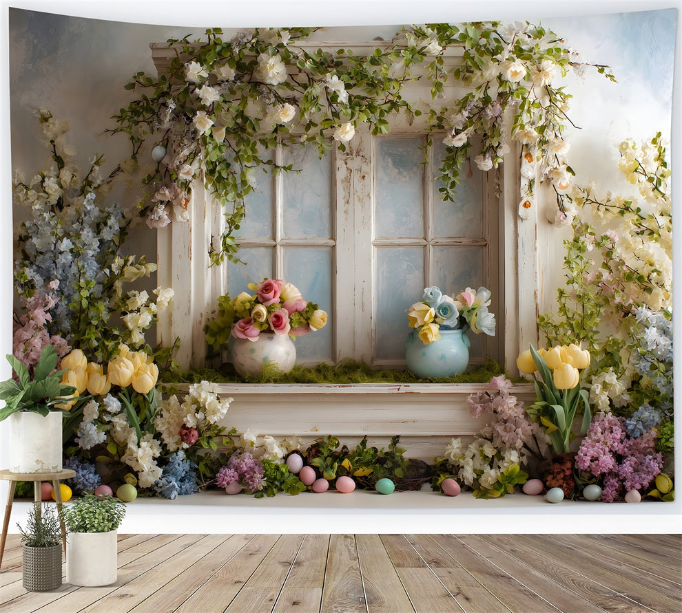 Easter Cottage Garden Backdrop Window Floral Pastel Eggs Photo Backdrops Easter By Magali