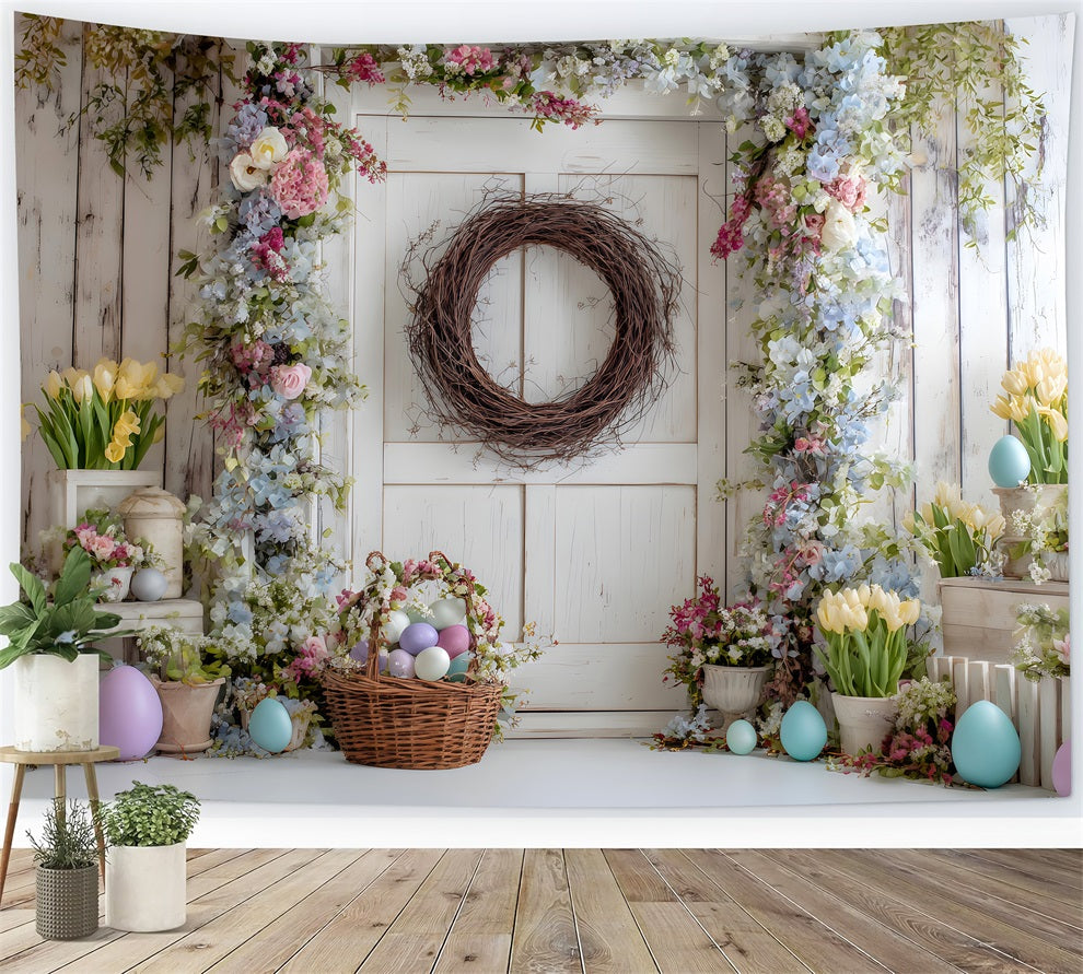 Easter Spring Floral Wreath Backdrop Floral Door Egg Basket Happy Easter Backdrops By Magali