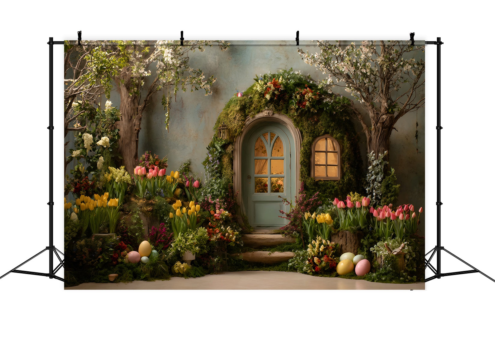 Easter Rustic Backdrop Mossy Arch Tulip Eggs Outdoor Easter Backdrops By Magali