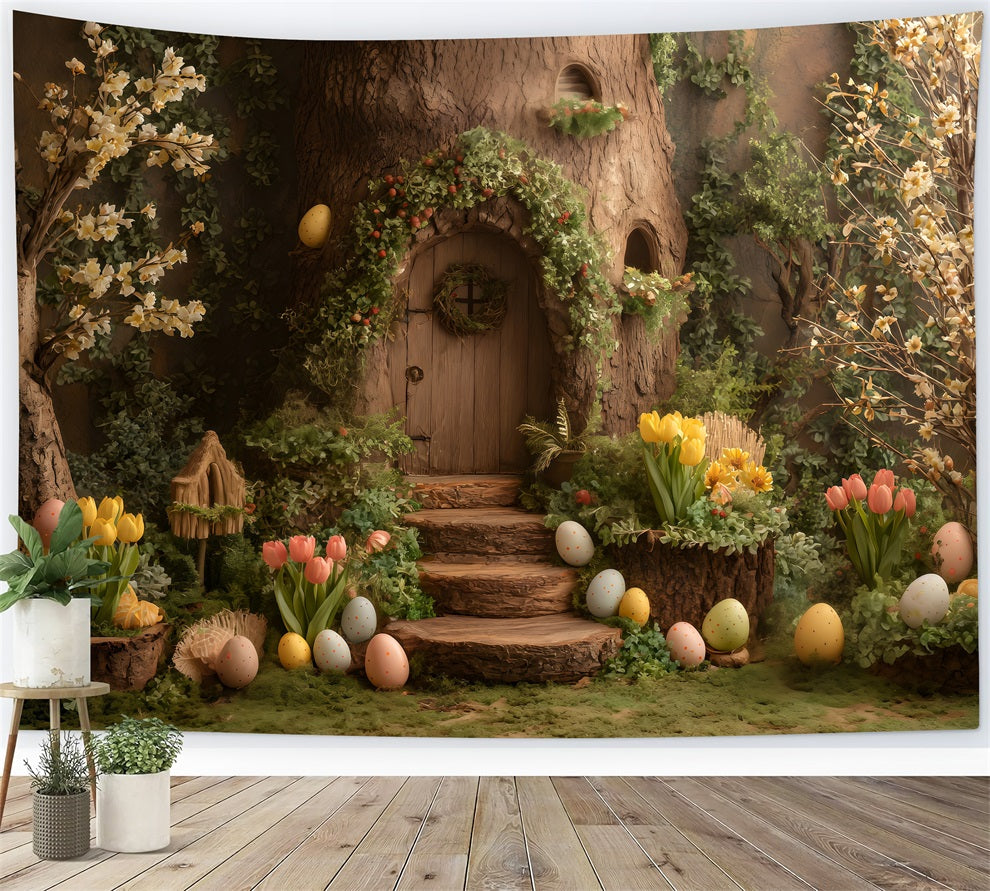 Bunny Burrow Backdrop Tree Door Egg Blooms Easter Pictures Backdrop By Magali