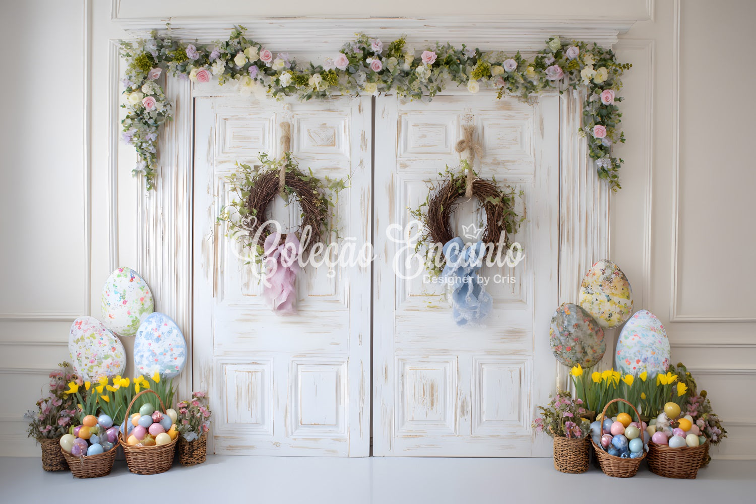 Happy Easter Backdrop Shabby Chic Door Egg Baskets Easter Photo Backdrop By Magali