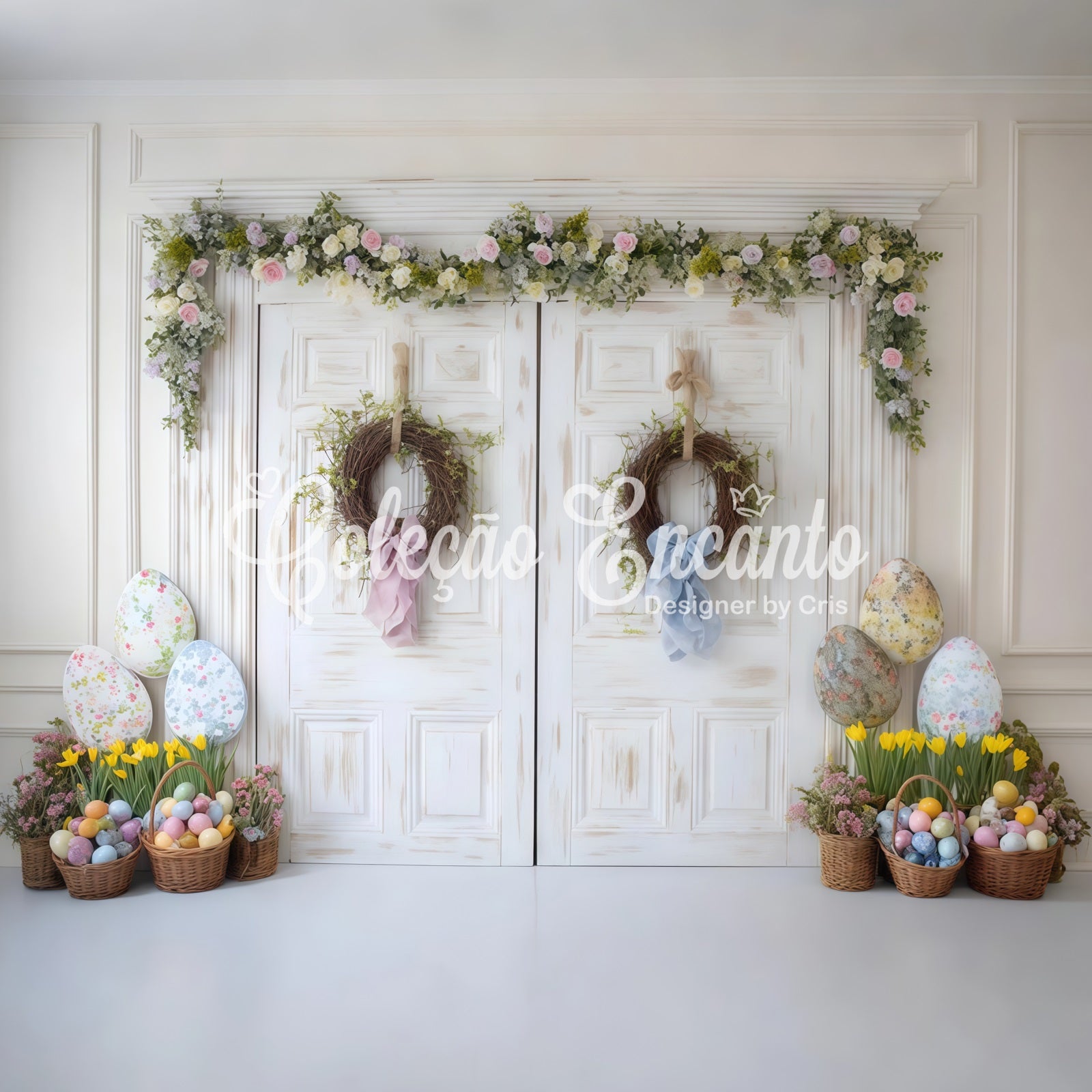 Happy Easter Backdrop Shabby Chic Door Egg Baskets Easter Photo Backdrop By Magali